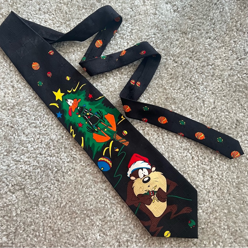 Vintage 1995 Looney Tunes Mania Christmas Silk Tie – Taz & Daffy Duck 100% Silk